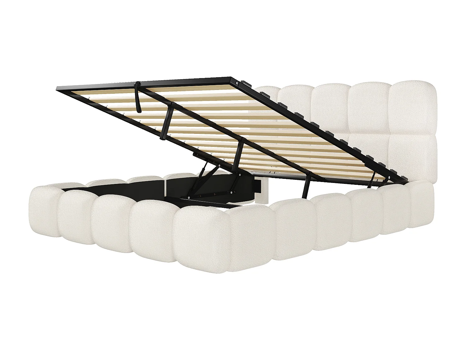 Lit double coffre capitonné 160x200 cm - avec sommier à lattes - tissu bouclé - blanc (matelas non inclus)