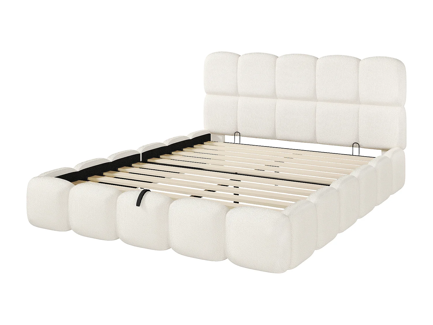 Lit double coffre capitonné 160x200 cm - avec sommier à lattes - tissu bouclé - blanc (matelas non inclus)