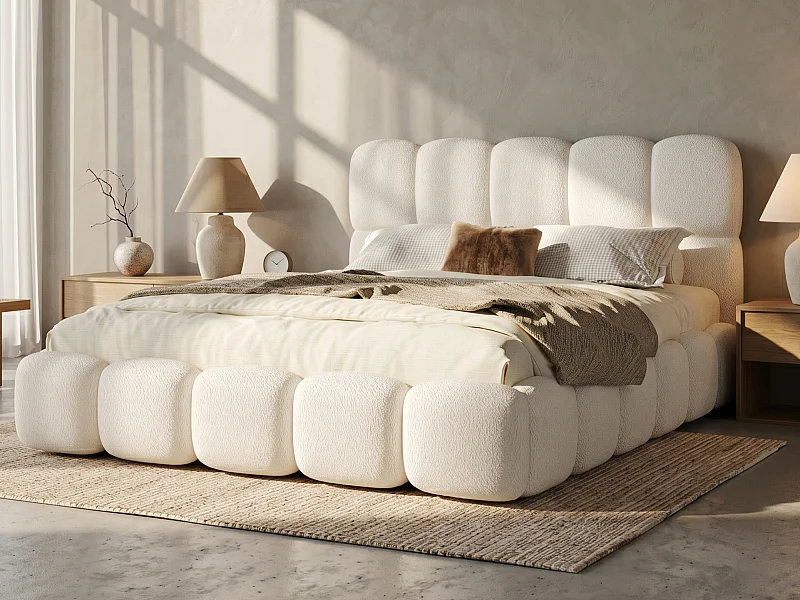 Gestoffeerd tweepersoons opbergbed 160x200 cm - met lattenbodem - bouclé stof - wit (matras niet inbegrepen)