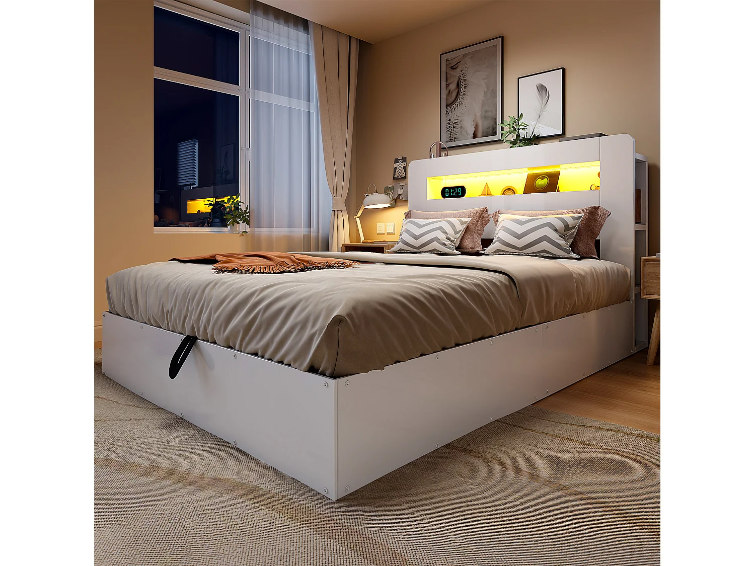 Houten bed met opbergruimte 140x200 cm - met LED-hoofdbord - met geïntegreerd stopcontact - met opbergvakken - wit (matras niet inbegrepen)