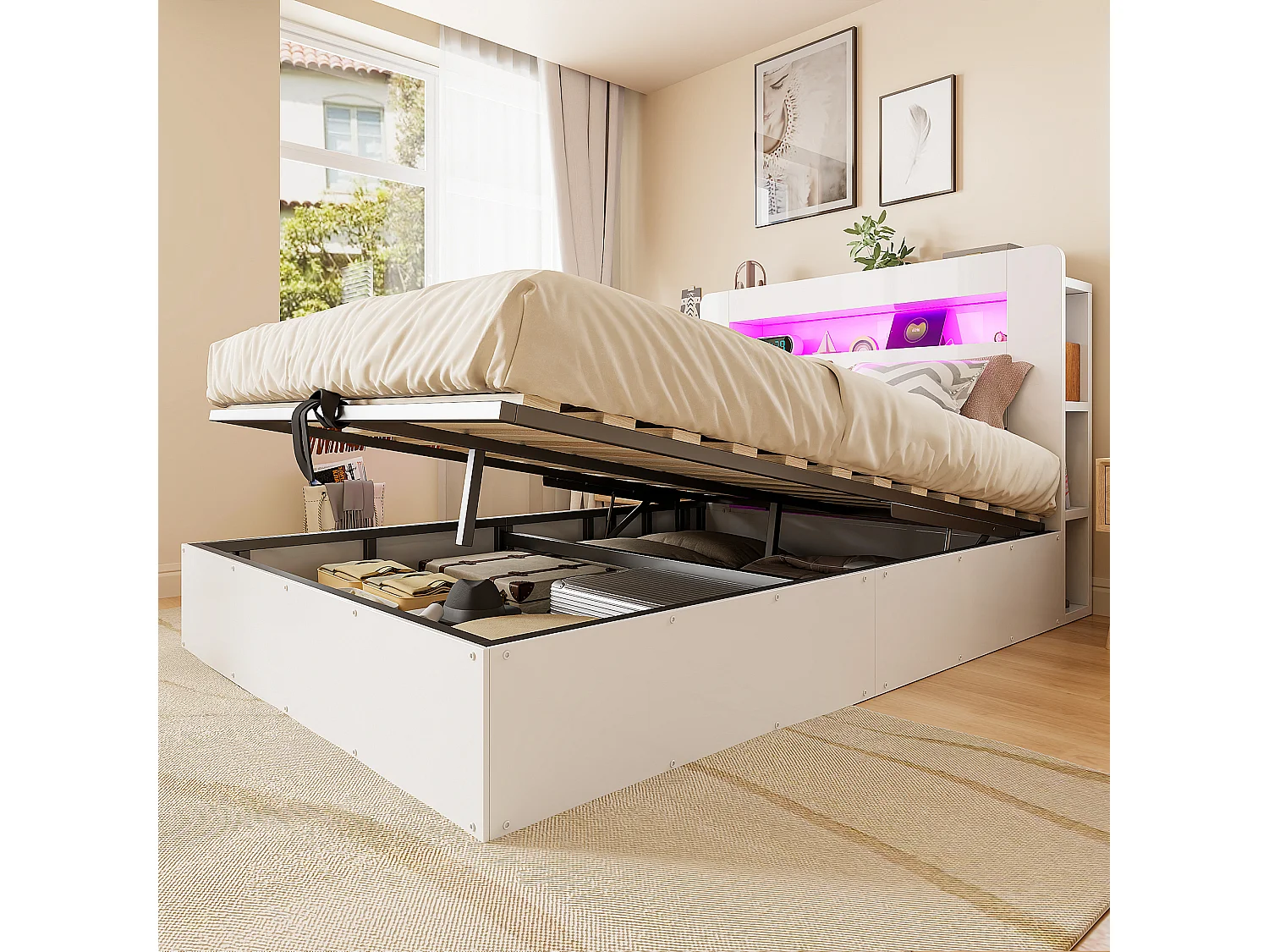 Houten bed met opbergruimte 140x200 cm - met LED-hoofdbord - met geïntegreerd stopcontact - met opbergvakken - wit (matras niet inbegrepen)