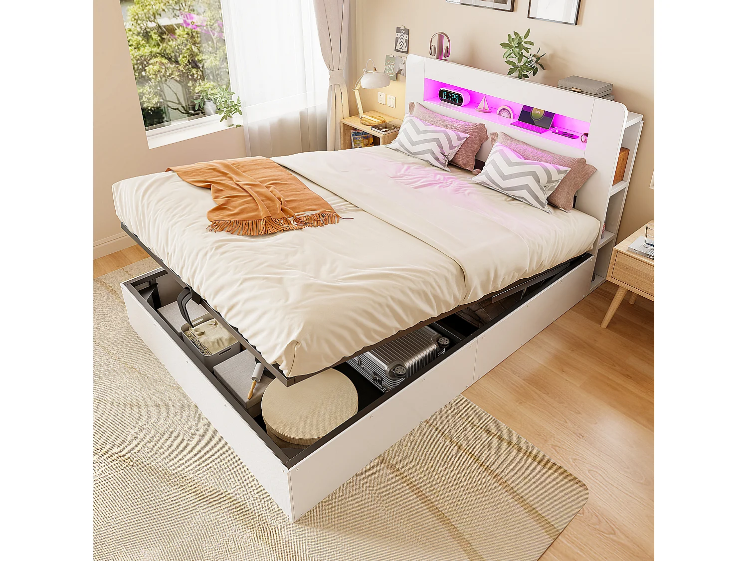 Houten bed met opbergruimte 140x200 cm - met LED-hoofdbord - met geïntegreerd stopcontact - met opbergvakken - wit (matras niet inbegrepen)