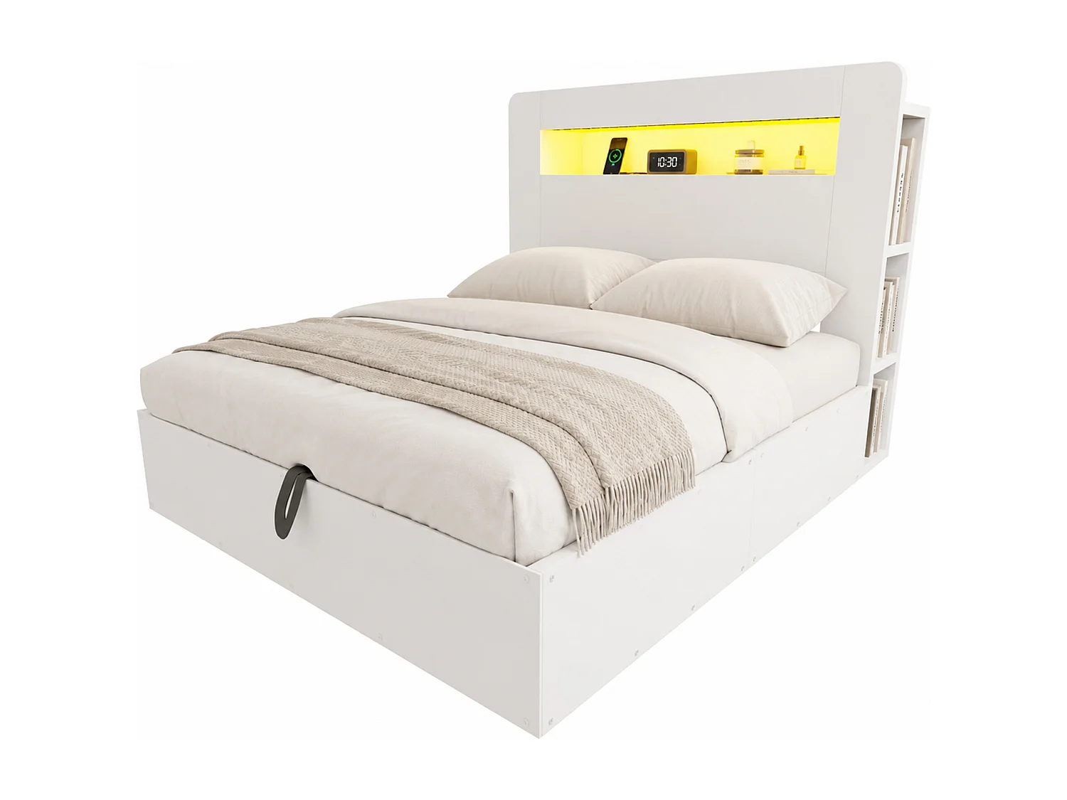 Houten bed met opbergruimte 140x200 cm - met LED-hoofdbord - met geïntegreerd stopcontact - met opbergvakken - wit (matras niet inbegrepen)