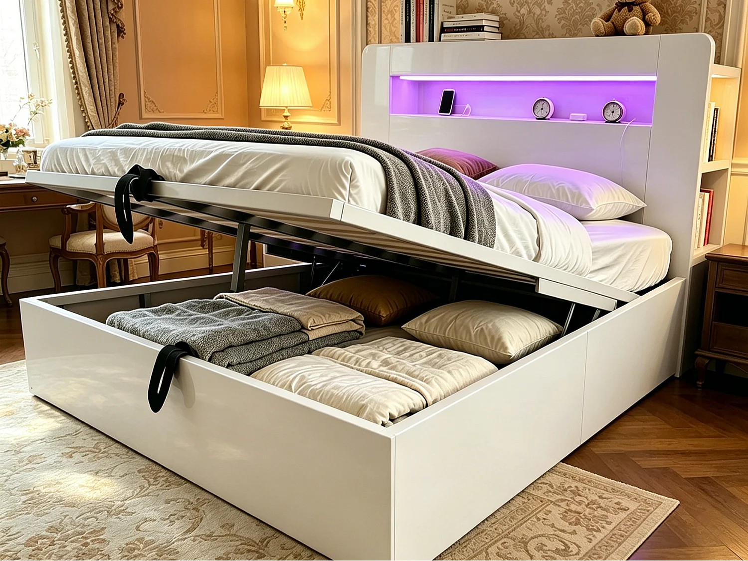 Houten bed met opbergruimte 140x200 cm - met LED-hoofdbord - met geïntegreerd stopcontact - met opbergvakken - wit (matras niet inbegrepen)