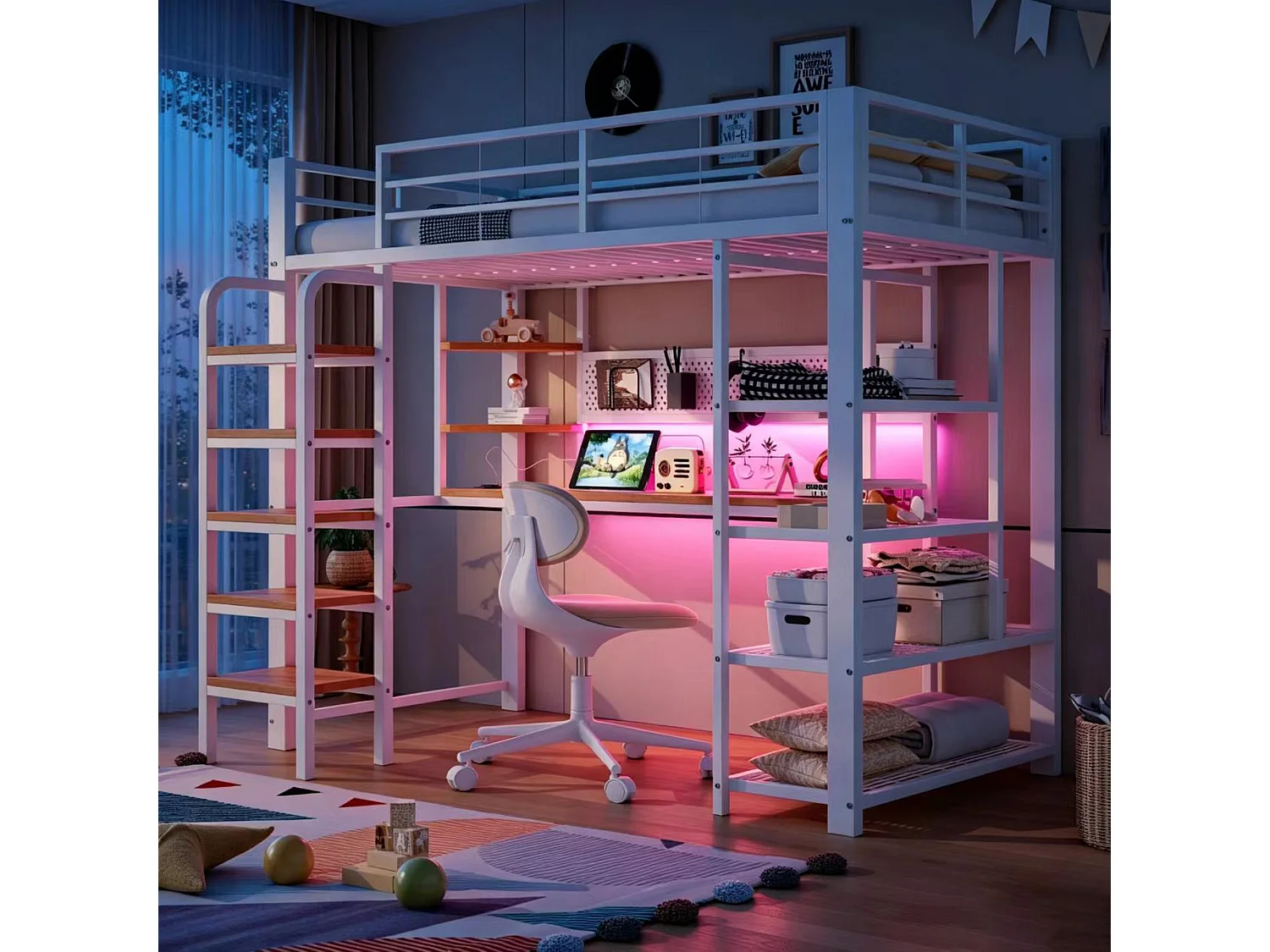 Hoogslaper van smeedijzer 90×200 cm - met stopcontact - met bureau - met LED-verlichting - wit (matras niet inbegrepen)