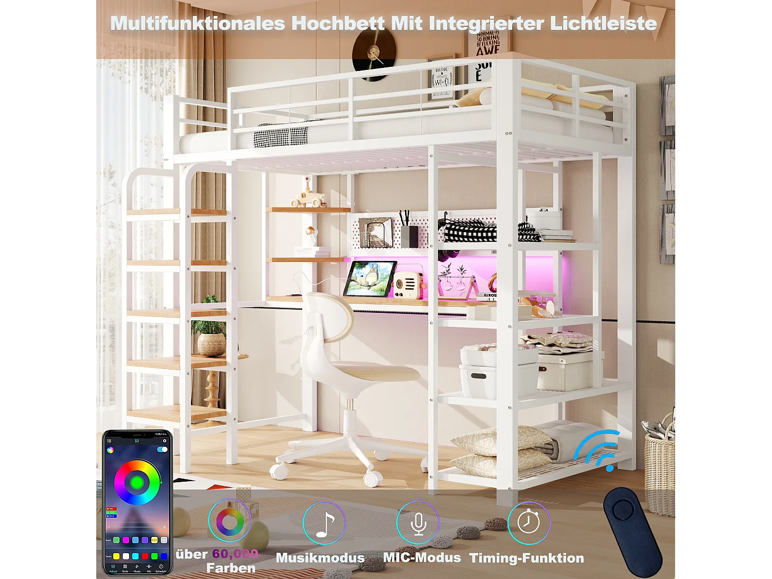 Hoogslaper van smeedijzer 90×200 cm - met stopcontact - met bureau - met LED-verlichting - wit (matras niet inbegrepen)