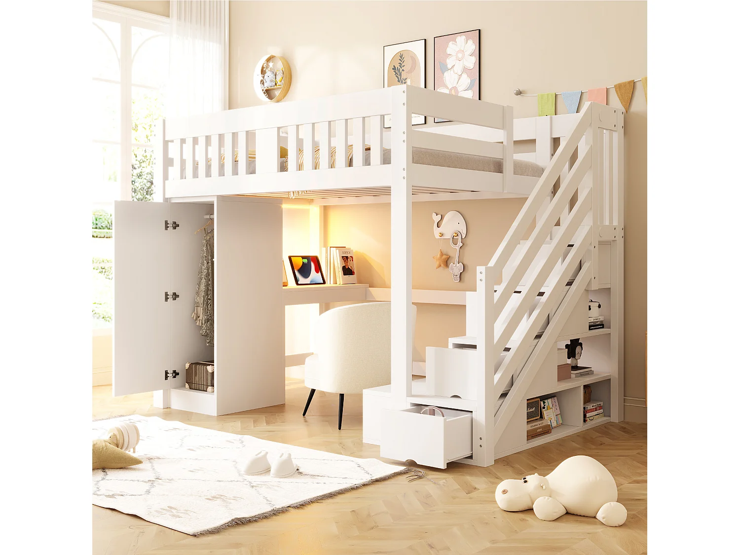 Lit mezzanine 140×200cm - avec échelle de rangement - avec prise électrique et éclairage LED - avec armoire - blanc (matelas non inclus)