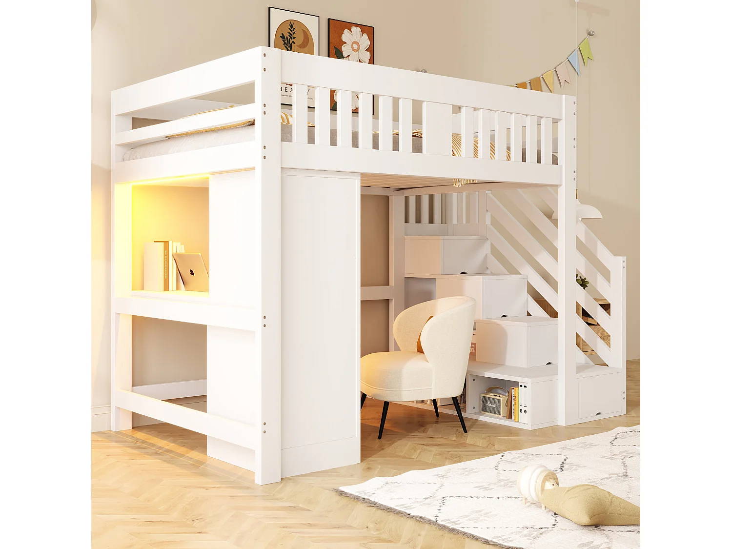 Lit mezzanine 140×200cm - avec échelle de rangement - avec prise électrique et éclairage LED - avec armoire - blanc (matelas non inclus)
