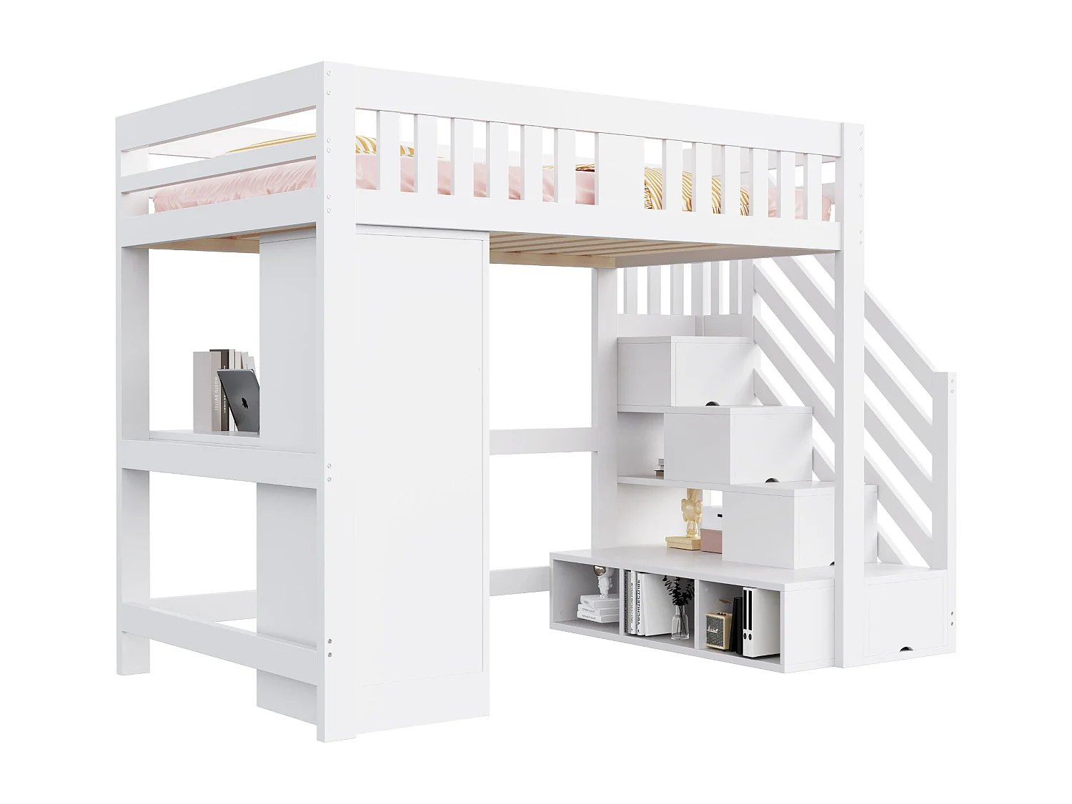 Lit mezzanine 140×200cm - avec échelle de rangement - avec prise électrique et éclairage LED - avec armoire - blanc (matelas non inclus)