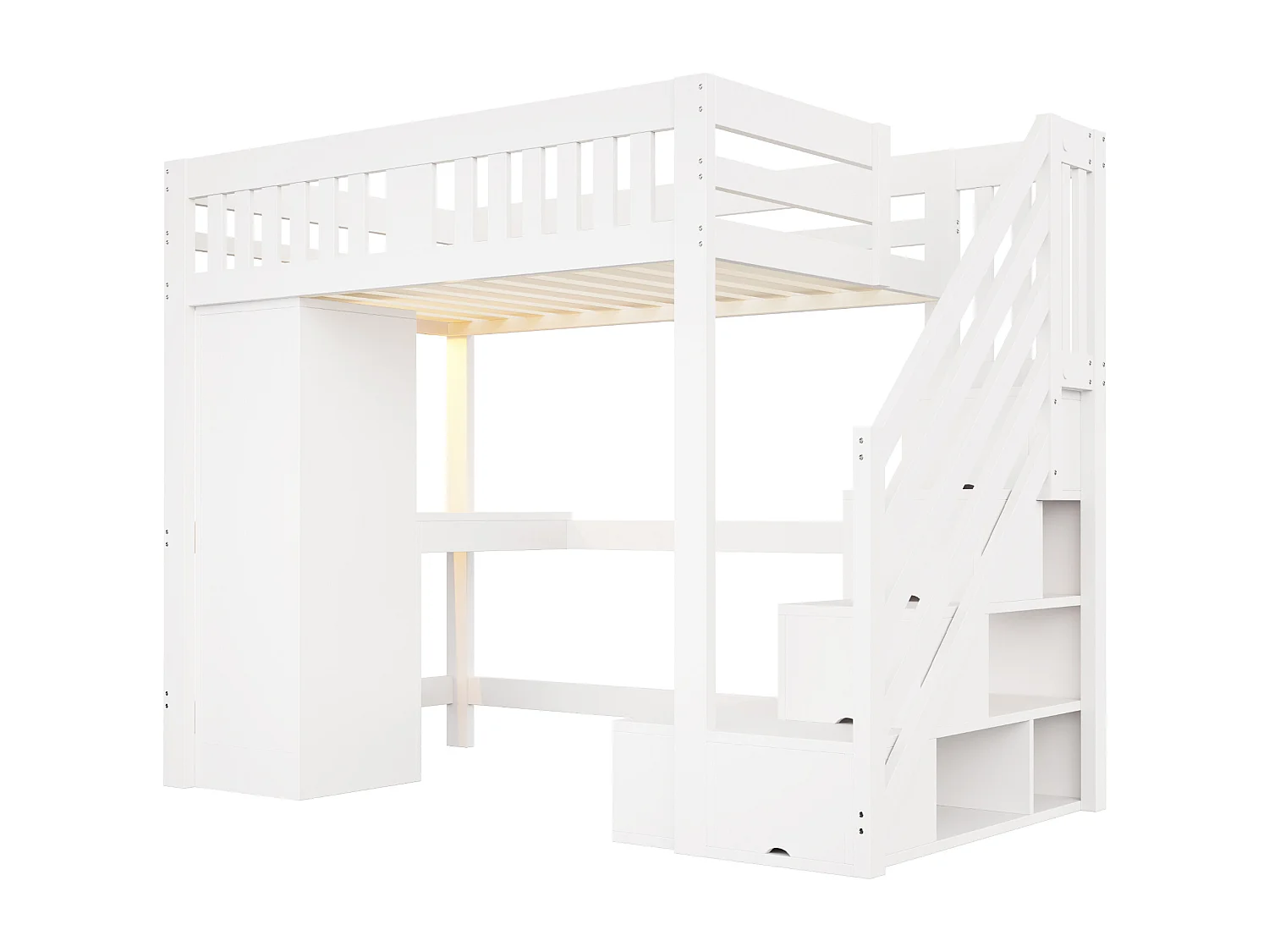 Lit mezzanine 140×200cm - avec échelle de rangement - avec prise électrique et éclairage LED - avec armoire - blanc (matelas non inclus)