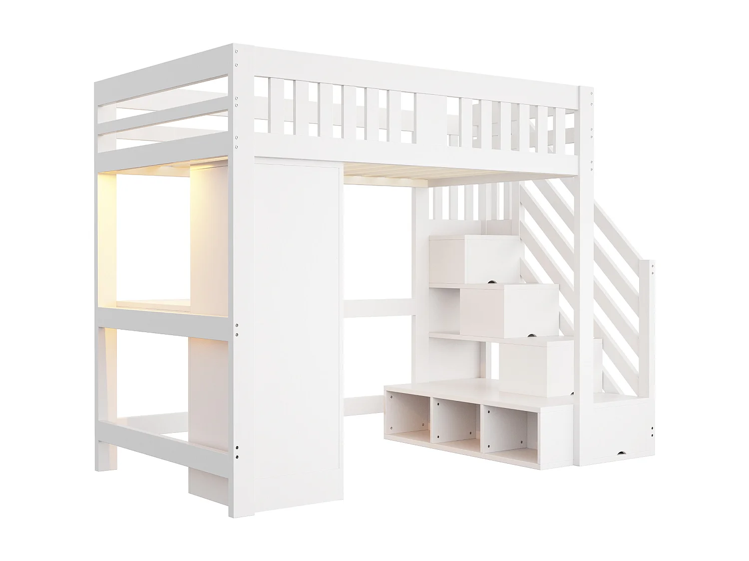 Lit mezzanine 140×200cm - avec échelle de rangement - avec prise électrique et éclairage LED - avec armoire - blanc (matelas non inclus)