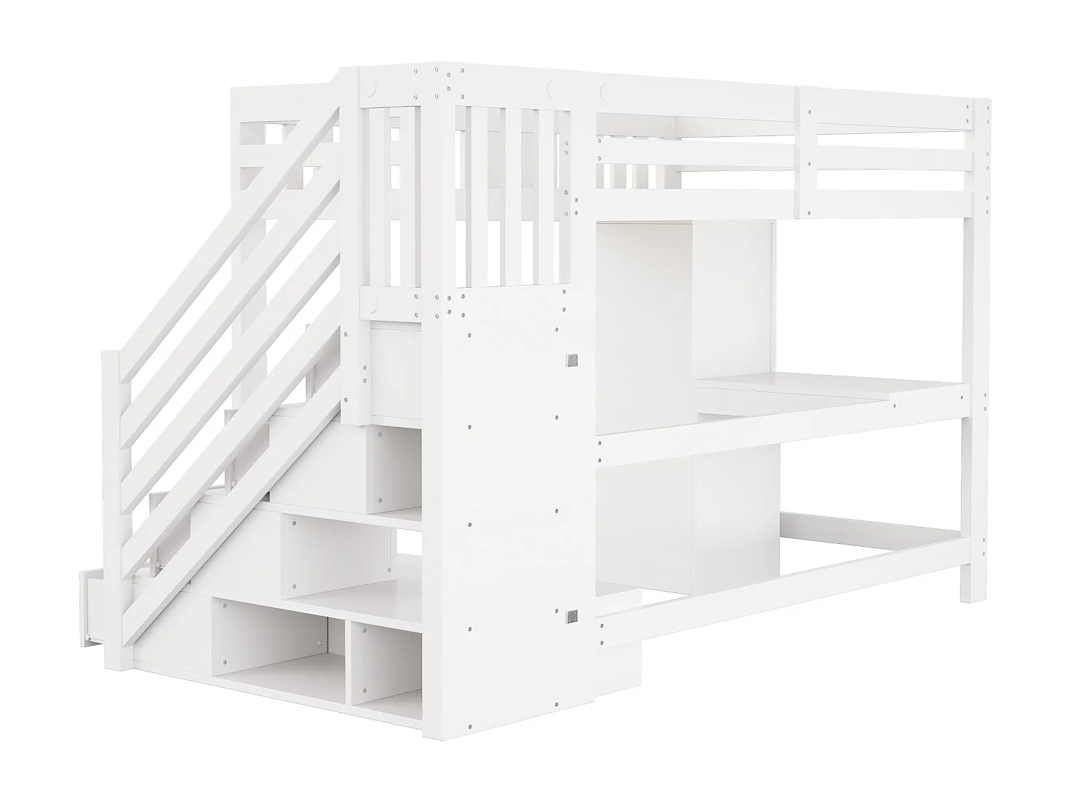 Lit mezzanine 140×200cm - avec échelle de rangement - avec prise électrique et éclairage LED - avec armoire - blanc (matelas non inclus)