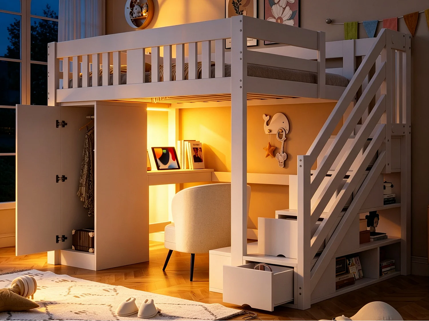 Lit mezzanine 140×200cm - avec échelle de rangement - avec prise électrique et éclairage LED - avec armoire - blanc (matelas non inclus)