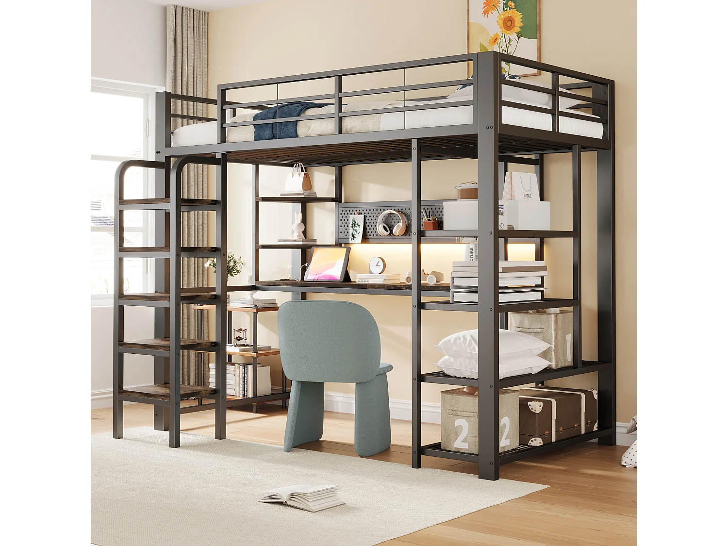 Lit mezzanine en fer forgé 90×200 cm - avec prise électrique - avec bureau - avec éclairage LED - Noir (matelas non inclus)