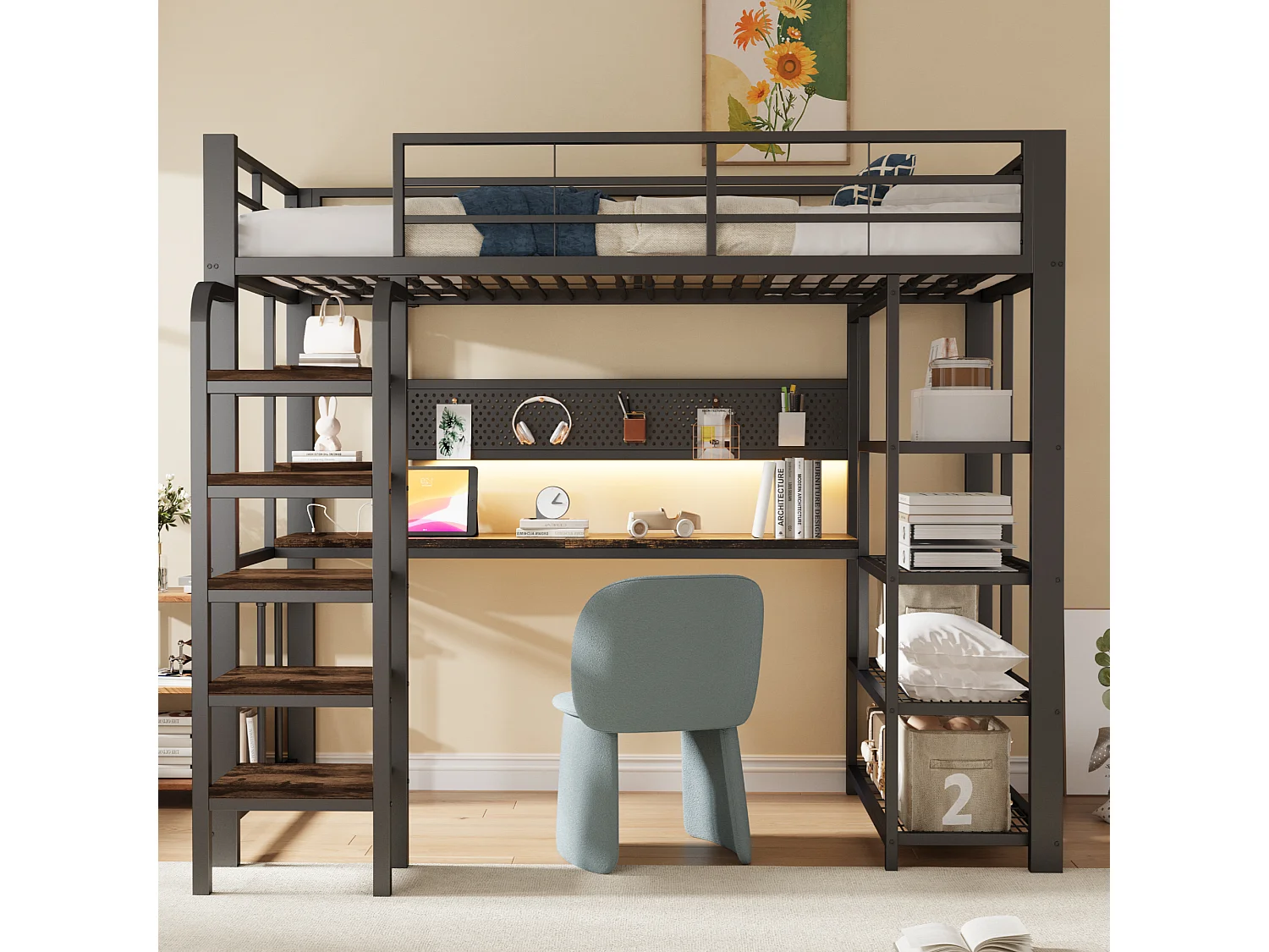 Lit mezzanine en fer forgé 90×200 cm - avec prise électrique - avec bureau - avec éclairage LED - Noir (matelas non inclus)