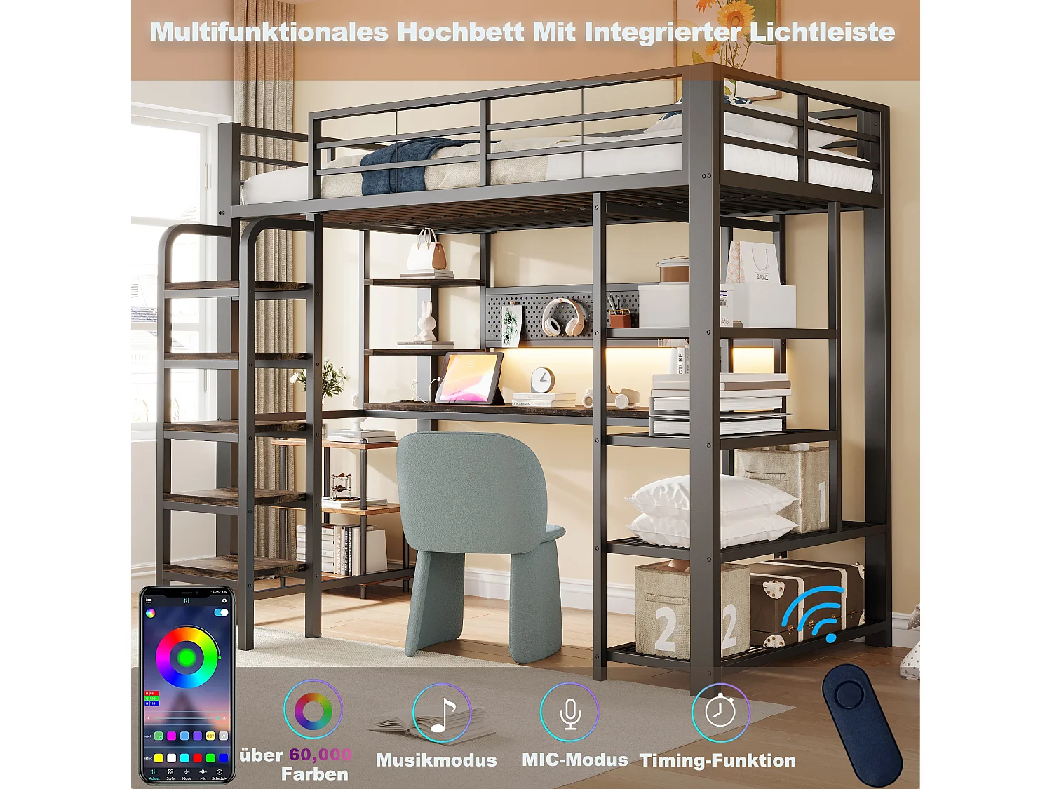 Lit mezzanine en fer forgé 90×200 cm - avec prise électrique - avec bureau - avec éclairage LED - Noir (matelas non inclus)