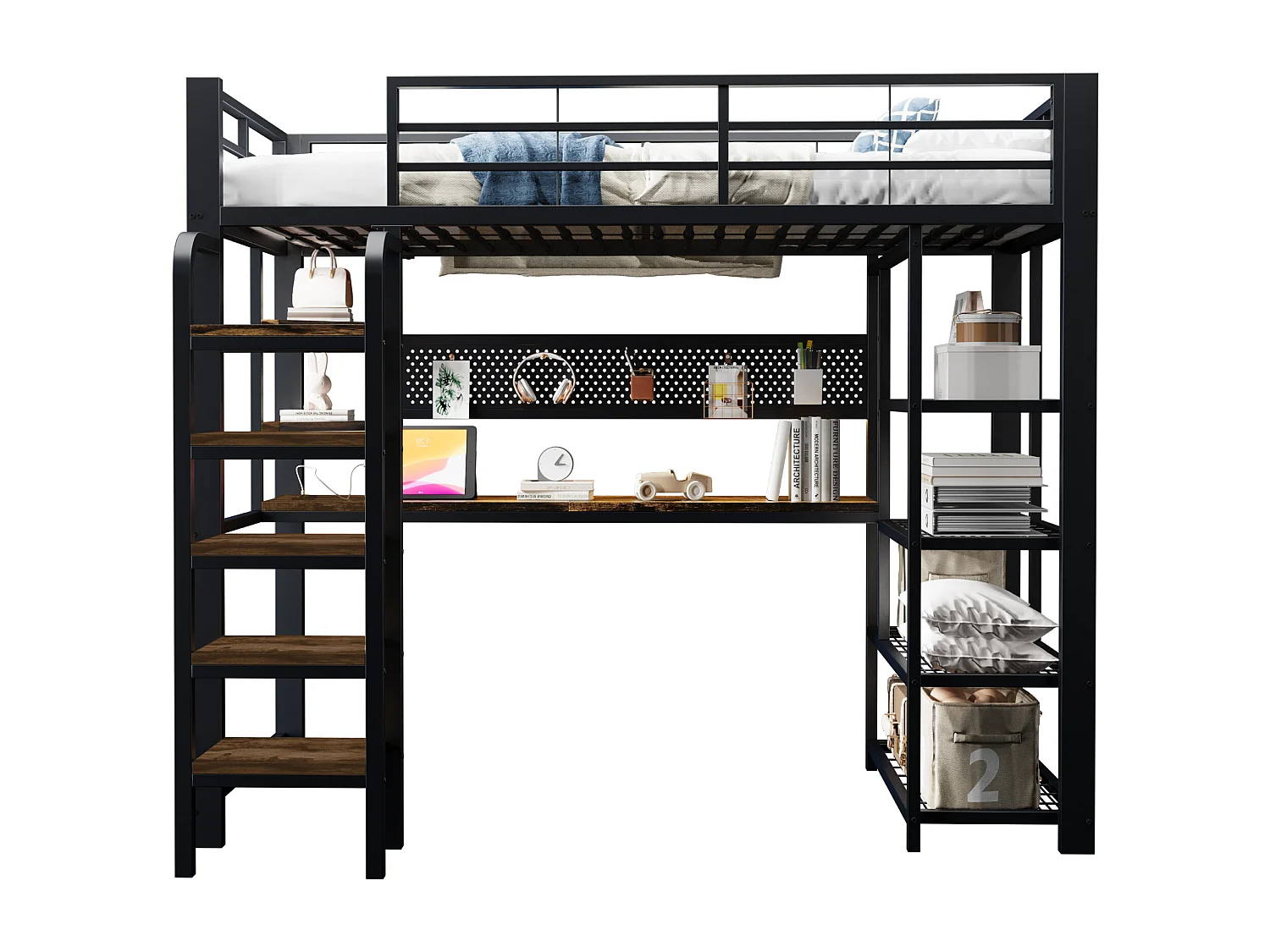 Lit mezzanine en fer forgé 90×200 cm - avec prise électrique - avec bureau - avec éclairage LED - Noir (matelas non inclus)