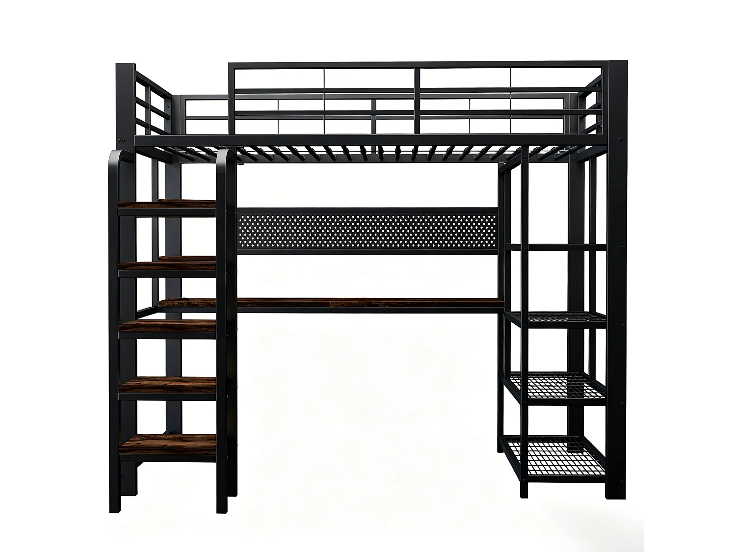 Lit mezzanine en fer forgé 90×200 cm - avec prise électrique - avec bureau - avec éclairage LED - Noir (matelas non inclus)