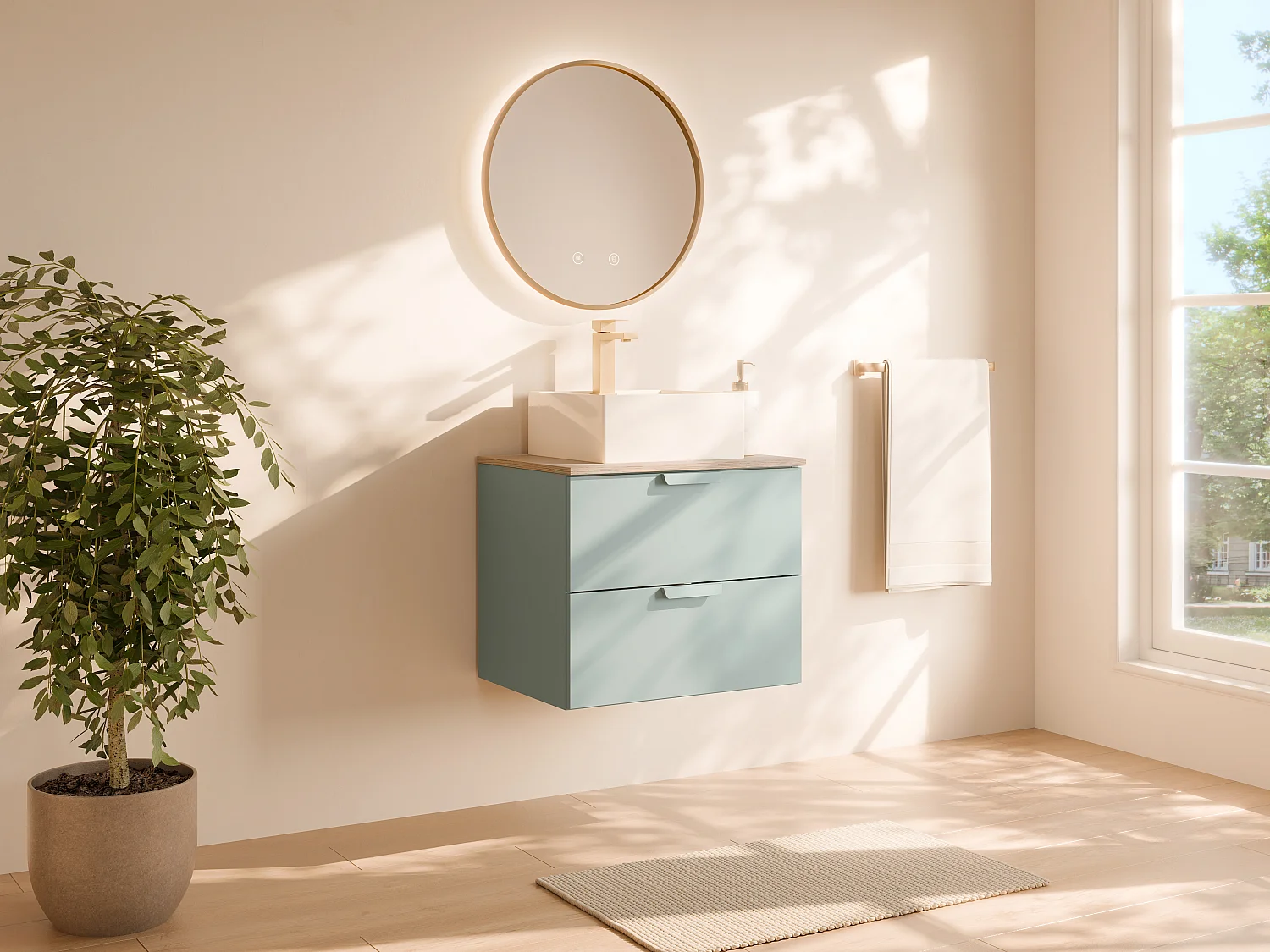 Meuble de salle de bain suspendu avec vasque à poser carrée – Vert sauge – L60 cm – AVORELI