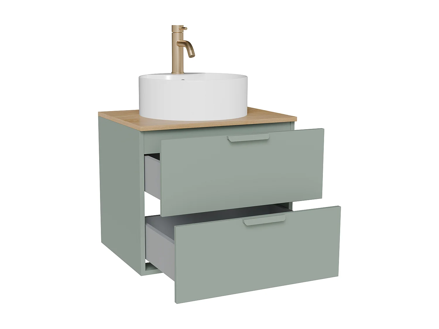 Meuble de salle de bain suspendu avec vasque à poser ronde et robinet – Vert sauge – L60 cm – AVORELI