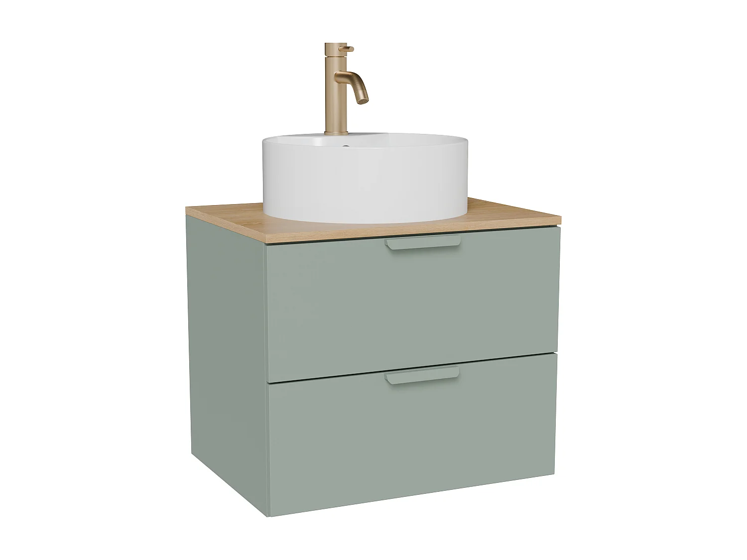 Meuble de salle de bain suspendu avec vasque à poser ronde et robinet – Vert sauge – L60 cm – AVORELI