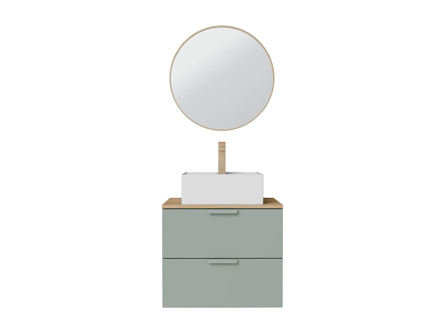 Meuble de salle de bain suspendu avec vasque à poser carrée, robinet et miroir – Vert sauge – L60 cm – AVORELI