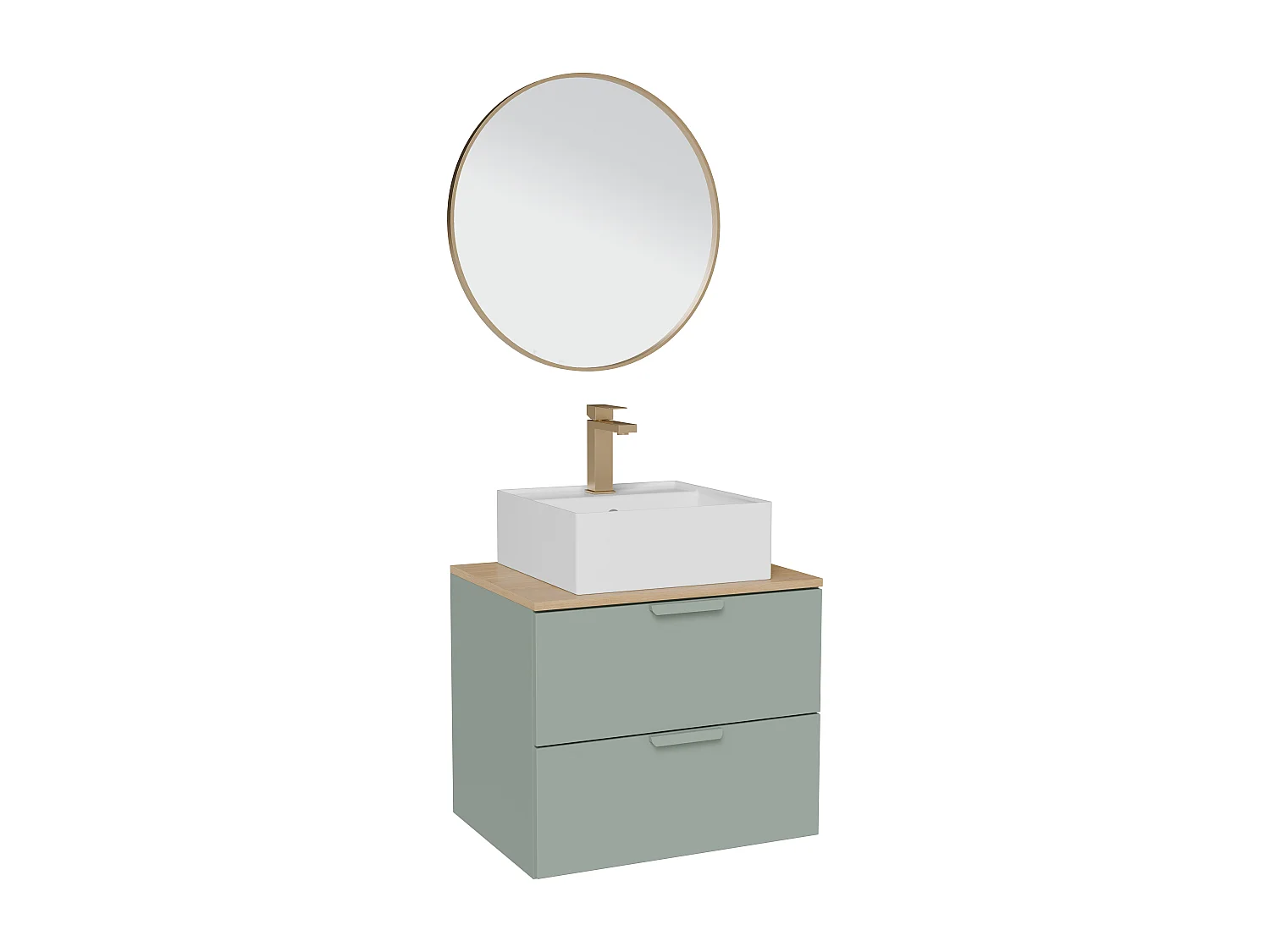 Meuble de salle de bain suspendu avec vasque à poser carrée, robinet et miroir – Vert sauge – L60 cm – AVORELI