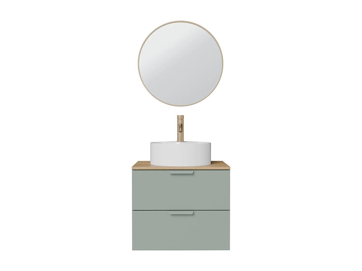 Meuble de salle de bain suspendu avec vasque à poser ronde, robinet et miroir – Vert sauge – L60 cm – AVORELI