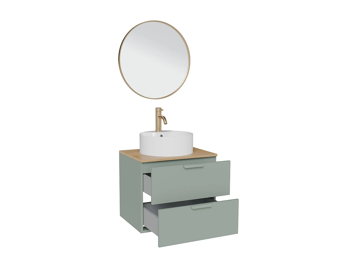 Meuble de salle de bain suspendu avec vasque à poser ronde, robinet et miroir – Vert sauge – L60 cm – AVORELI