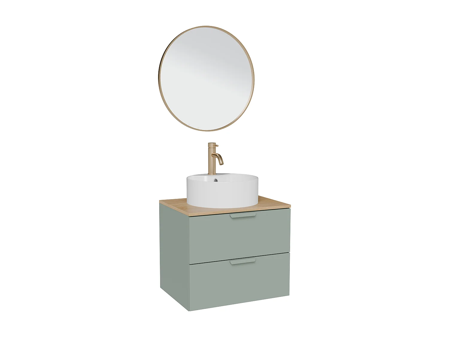 Meuble de salle de bain suspendu avec vasque à poser ronde, robinet et miroir – Vert sauge – L60 cm – AVORELI