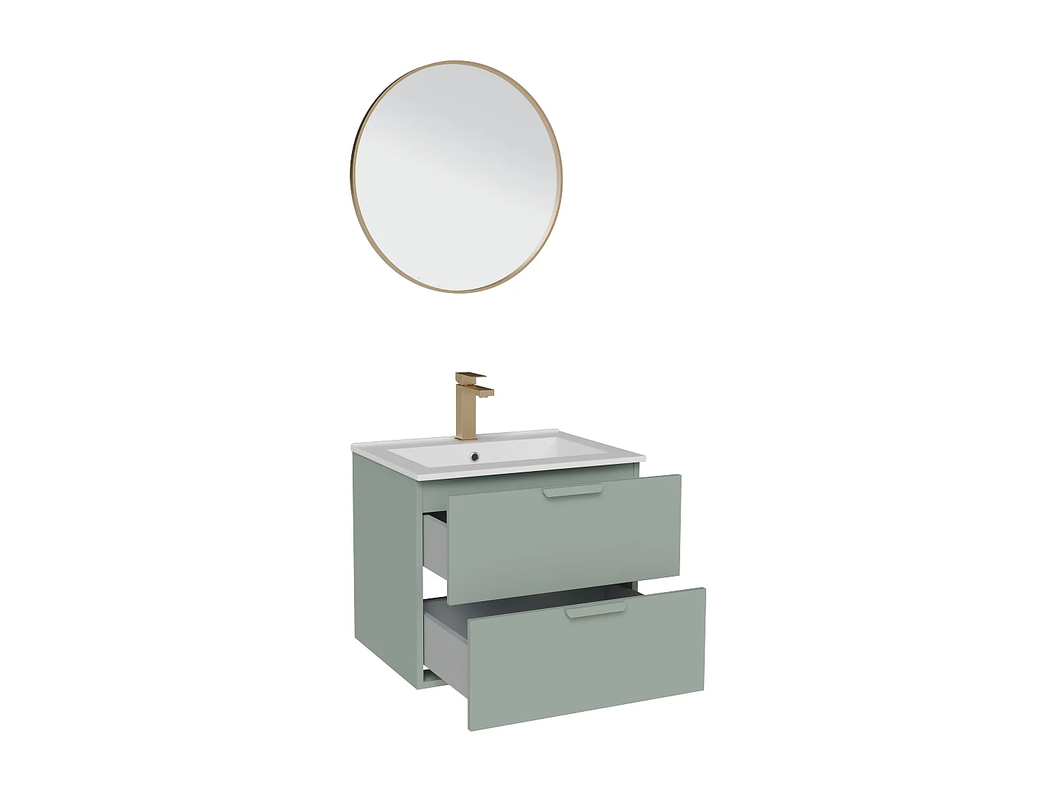 Meuble de salle de bain suspendu avec vasque à encastrer, robinet et miroir – Vert sauge – L60 cm – AVORELI