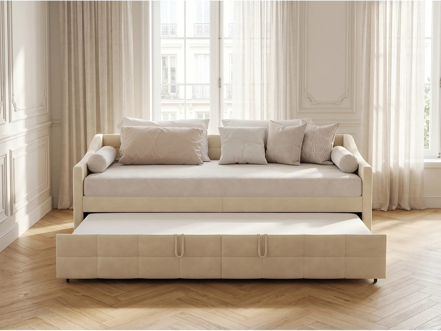 Canapé-lit avec rangement - Crème - Design élégant pour salon ou chambre