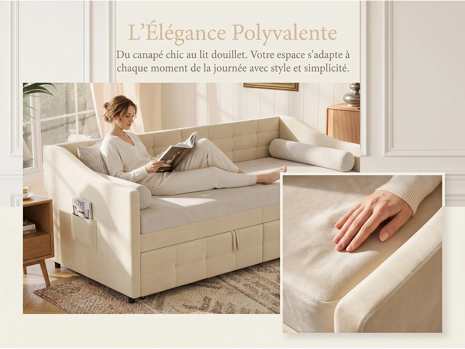 Canapé-lit avec rangement - Crème - Design élégant pour salon ou chambre