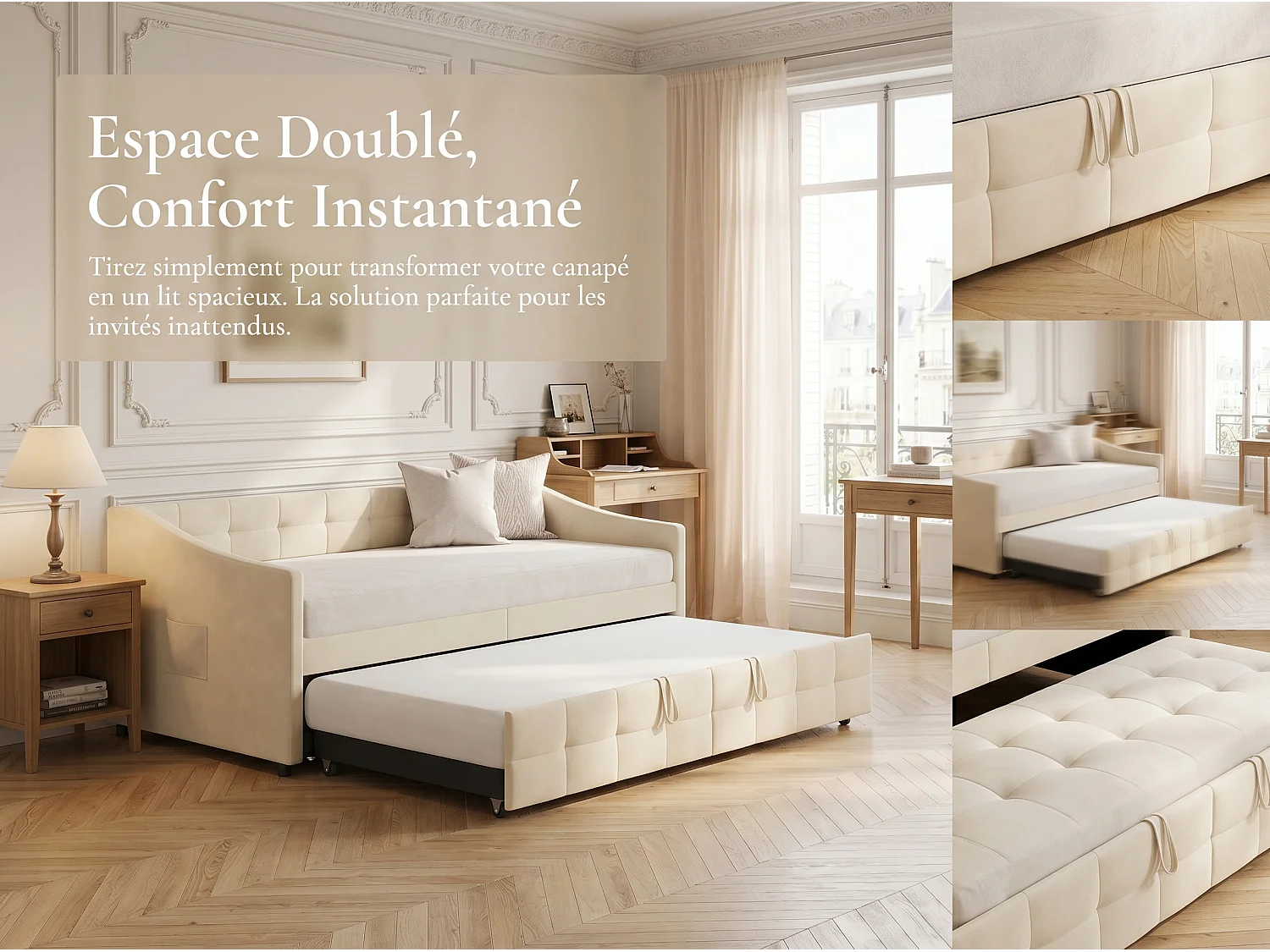 Canapé-lit avec rangement - Crème - Design élégant pour salon ou chambre