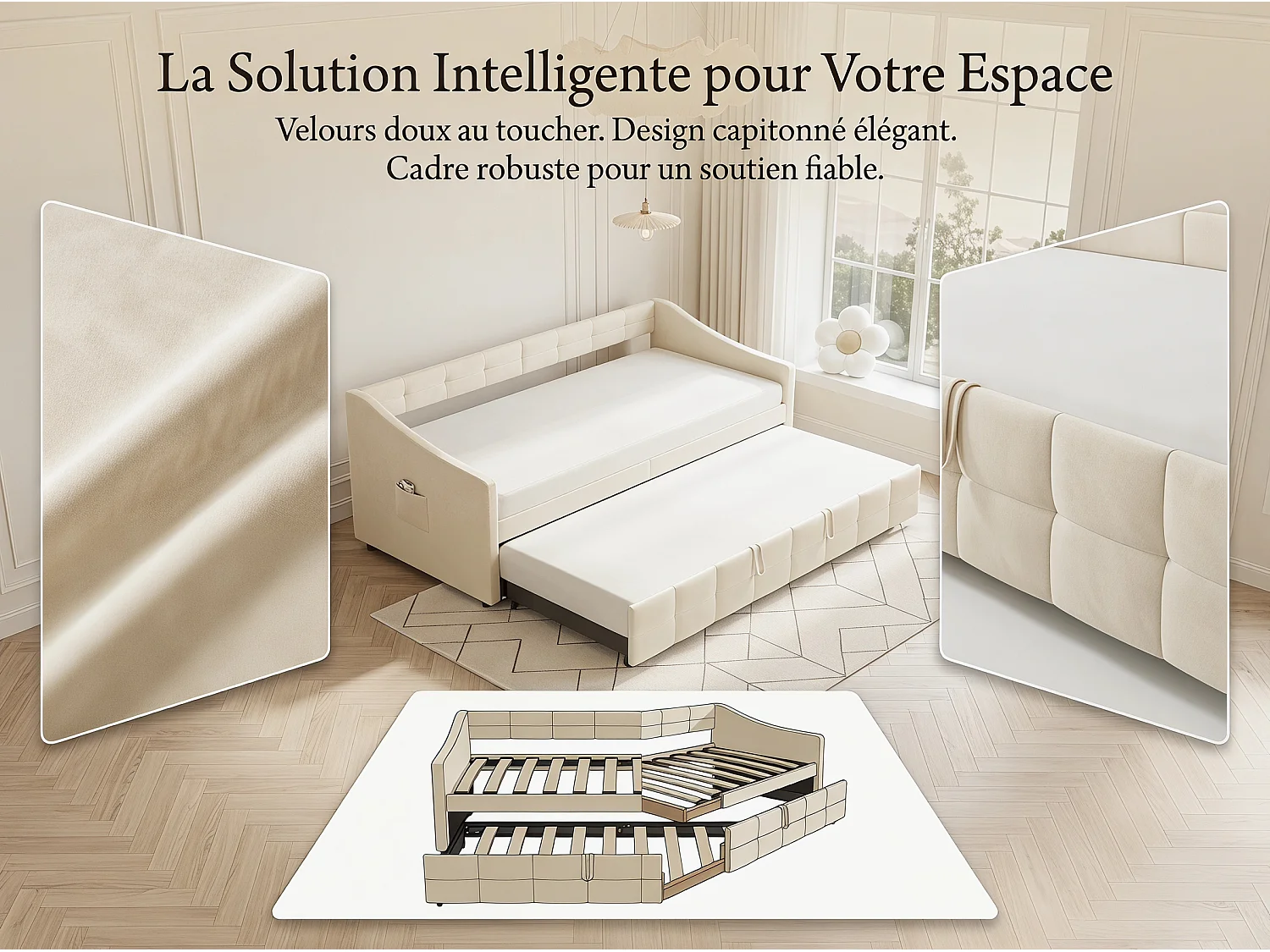 Canapé-lit avec rangement - Crème - Design élégant pour salon ou chambre