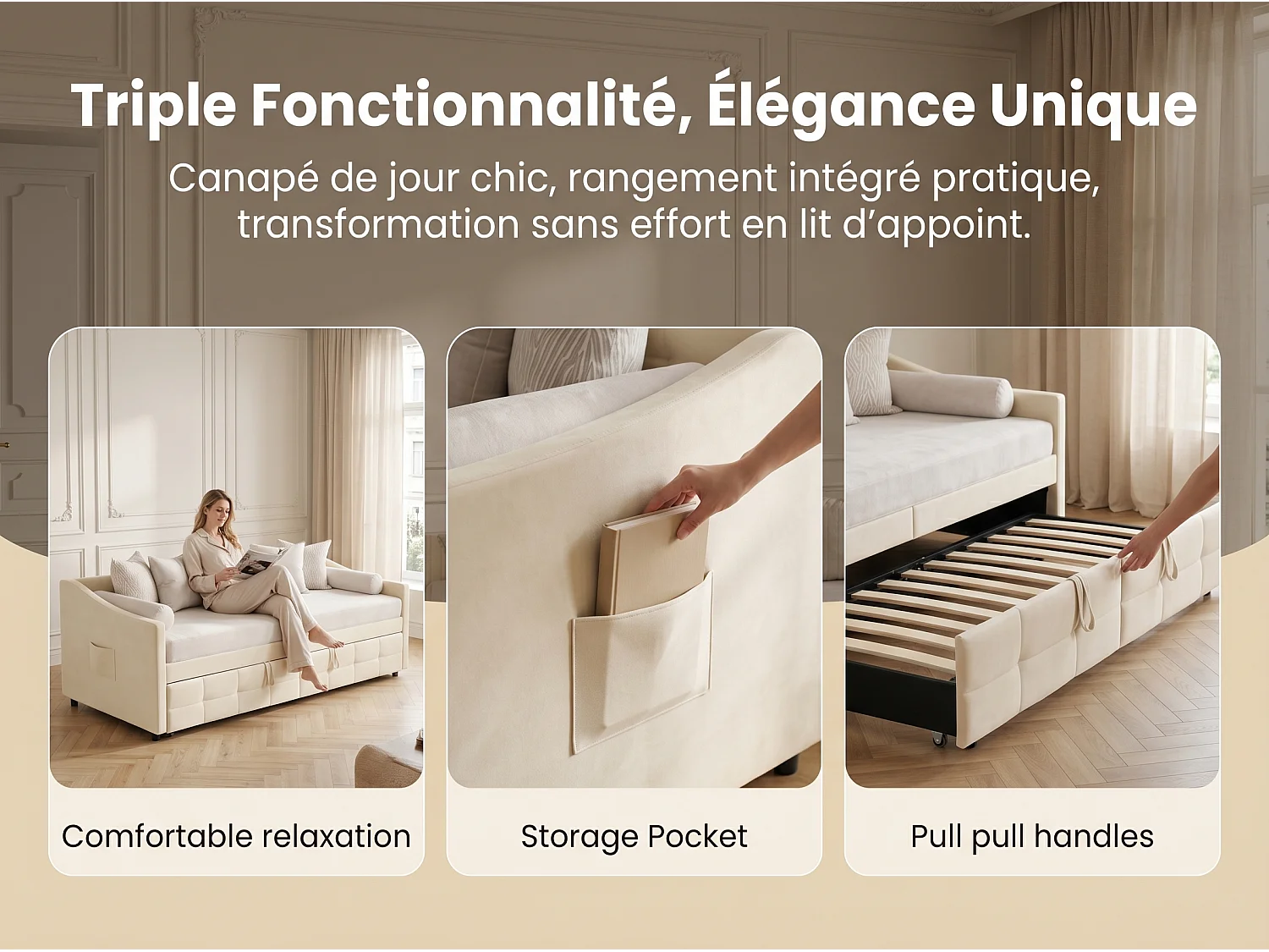 Canapé-lit avec rangement - Crème - Design élégant pour salon ou chambre
