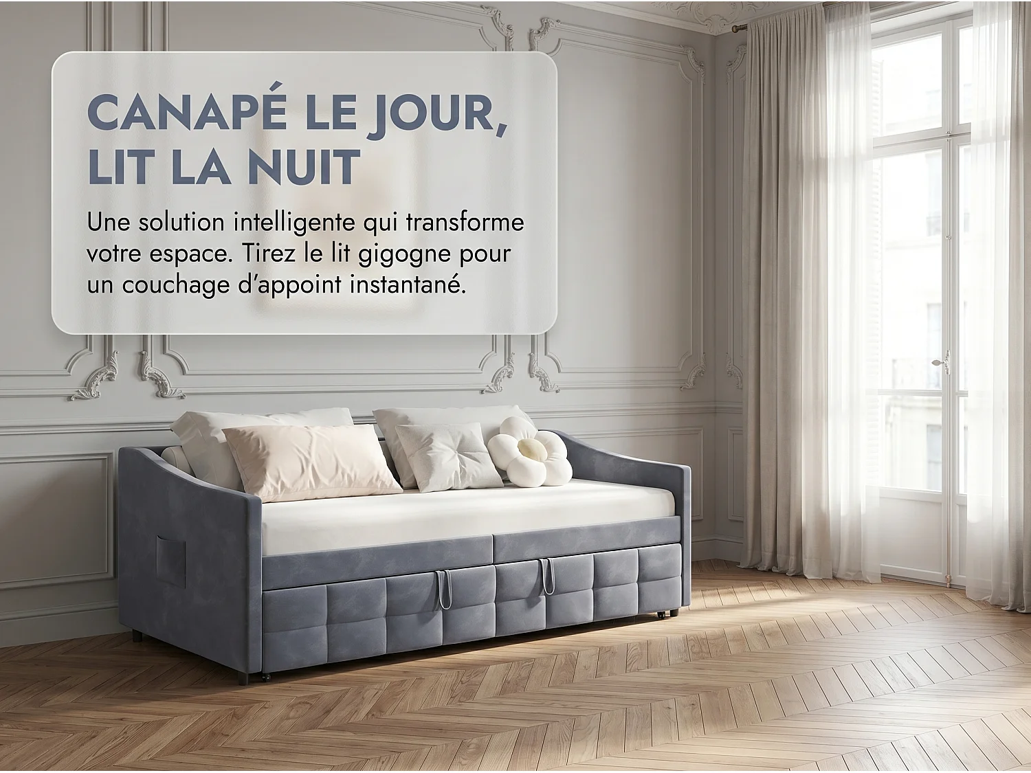 Canapé-lit avec rangement - Gris - Design élégant pour salon ou chambre