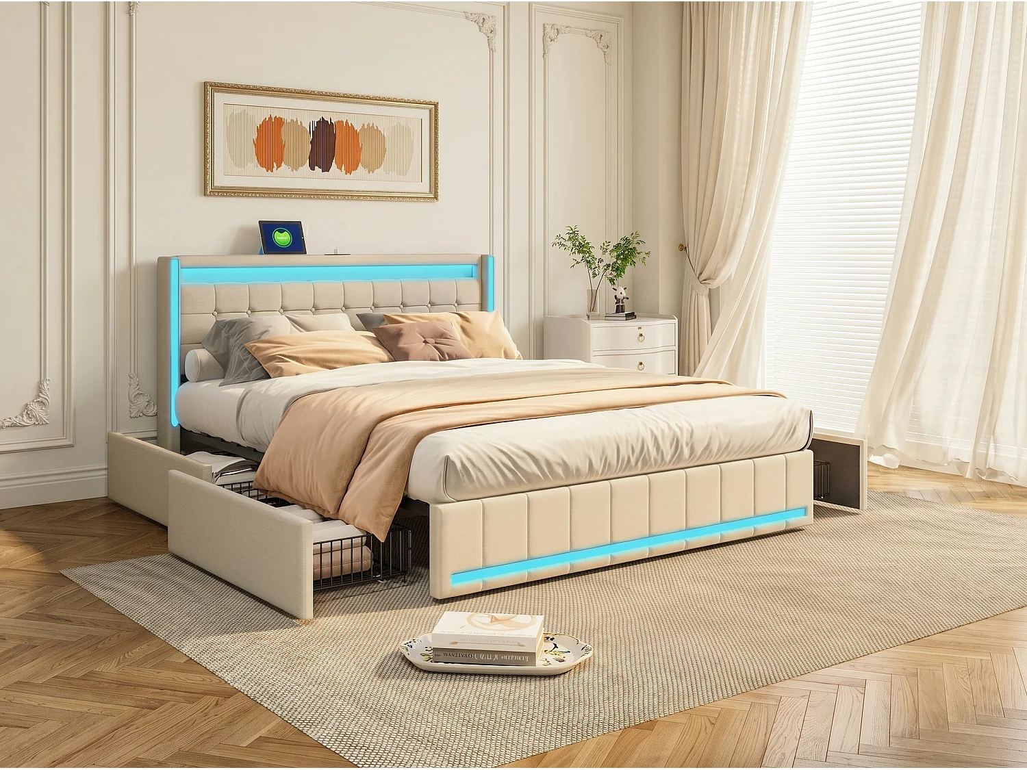 Lit coffre en tissu lin - 160x200cm - avec LED, USB et Type-C - tête de lit avec étagères - Beige