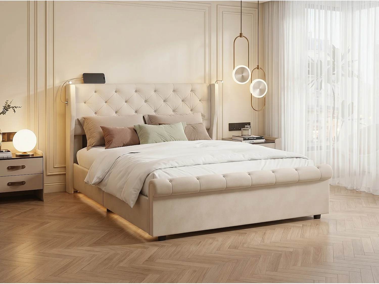 Lit coffre 140x190 cm avec tête de lit - Velours - Sommier à lattes et rangement hydraulique