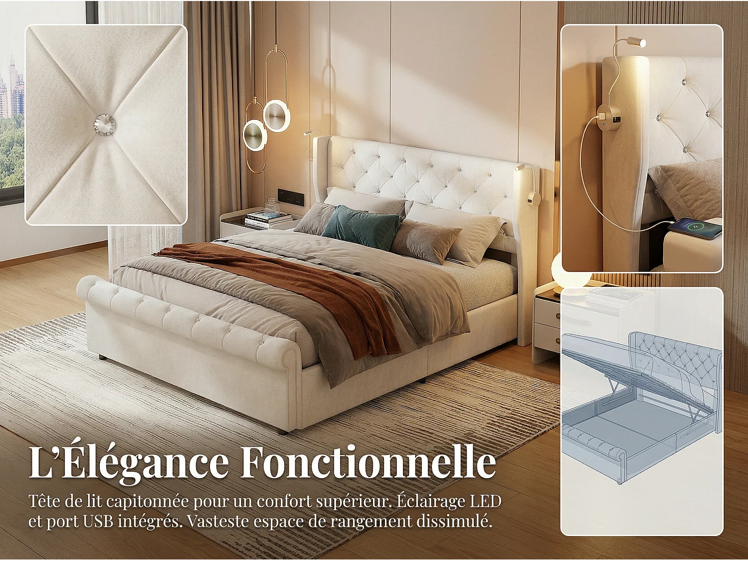 Lit coffre 140x190 cm avec tête de lit - Velours - Sommier à lattes et rangement hydraulique