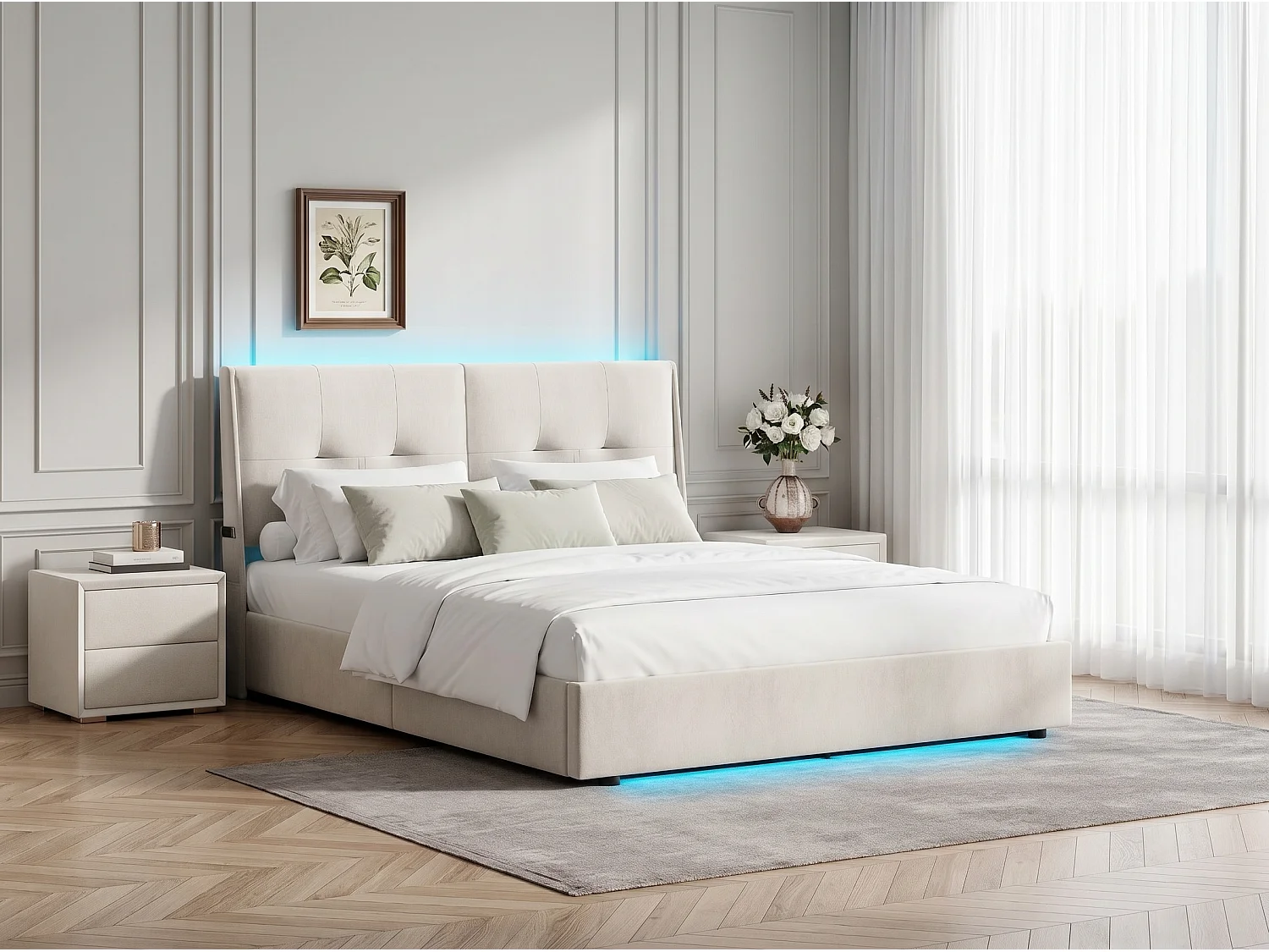 Lit coffre 140 x 200 cm avec tête de lit - Tissu lin beige - LED, poches et rangement