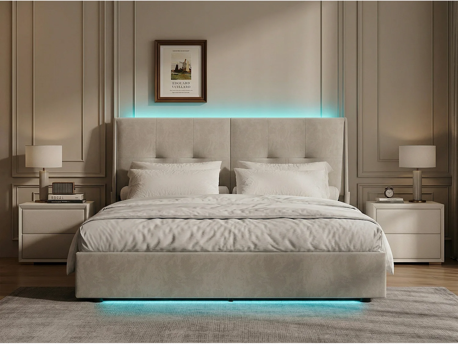 Lit coffre 140 x 200 cm avec tête de lit - Tissu lin beige - LED, poches et rangement