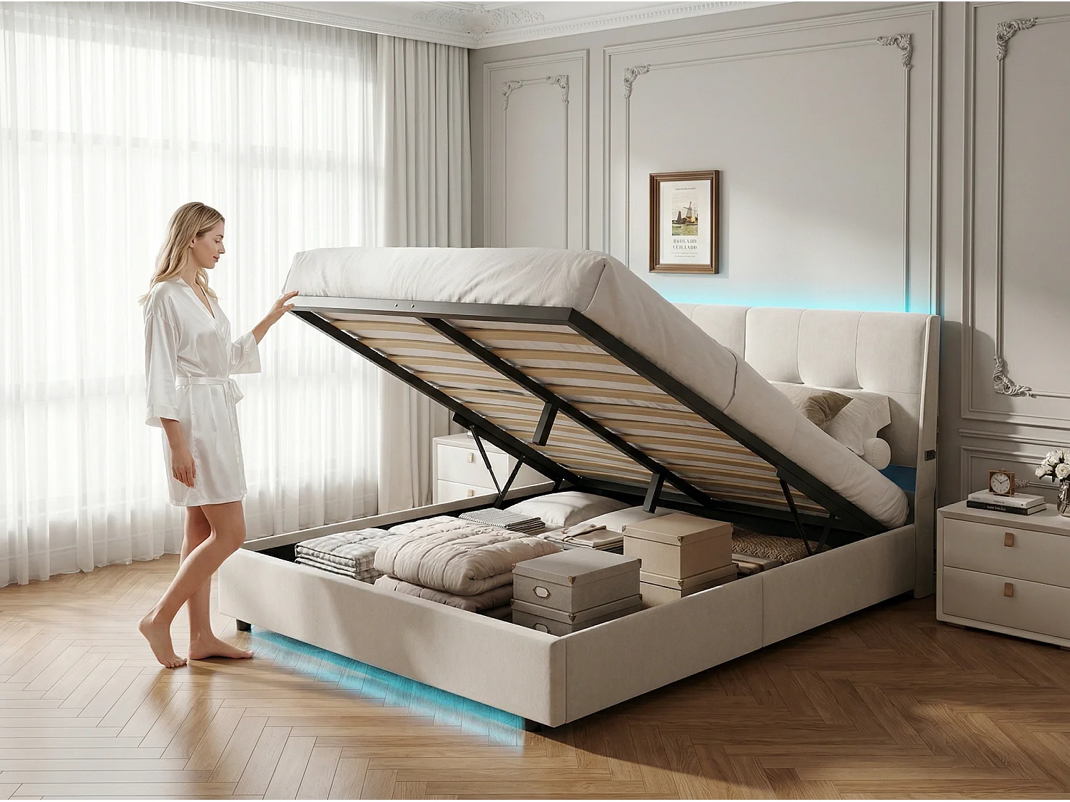 Lit coffre 140 x 200 cm avec tête de lit - Tissu lin beige - LED, poches et rangement