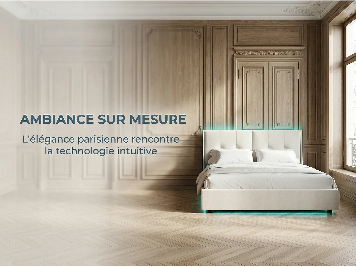 Lit coffre 140 x 200 cm avec tête de lit - Tissu lin beige - LED, poches et rangement
