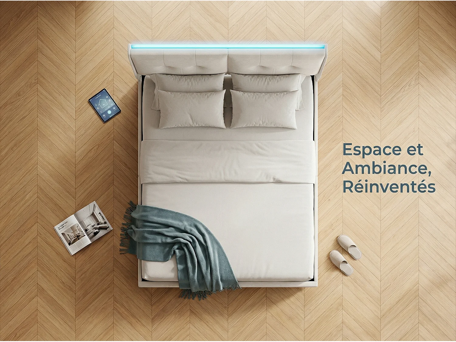 Lit coffre 140 x 200 cm avec tête de lit - Tissu lin beige - LED, poches et rangement