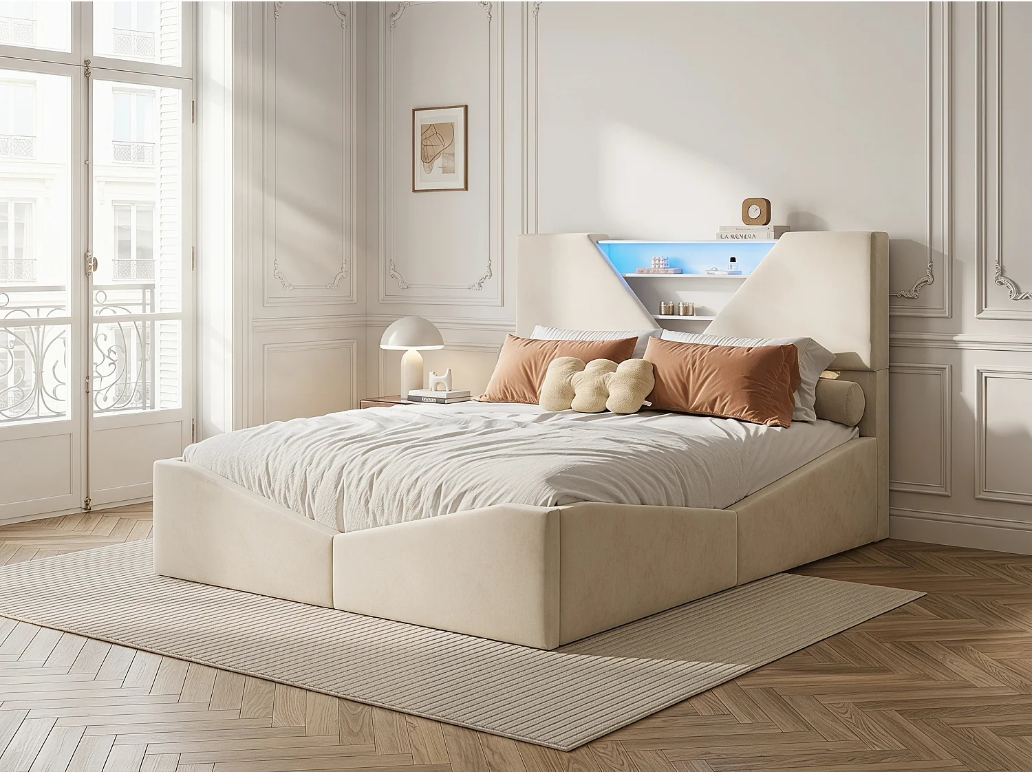 Lit coffre design 140x200 cm avec tête de lit triangulaire - LEDs - Recharge sans fil - Sommier à lattes et espace de rangement
