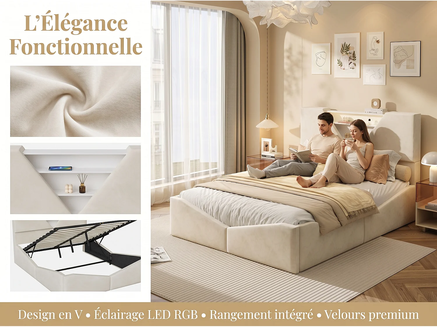 Lit coffre design 140x200 cm avec tête de lit triangulaire - LEDs - Recharge sans fil - Sommier à lattes et espace de rangement