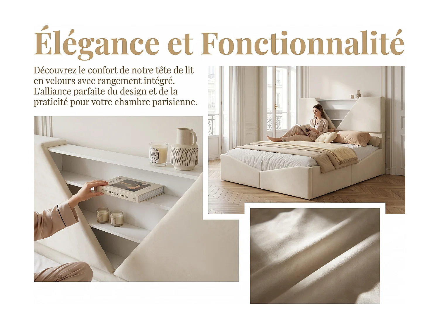 Lit coffre design 140x200 cm avec tête de lit triangulaire - LEDs - Recharge sans fil - Sommier à lattes et espace de rangement