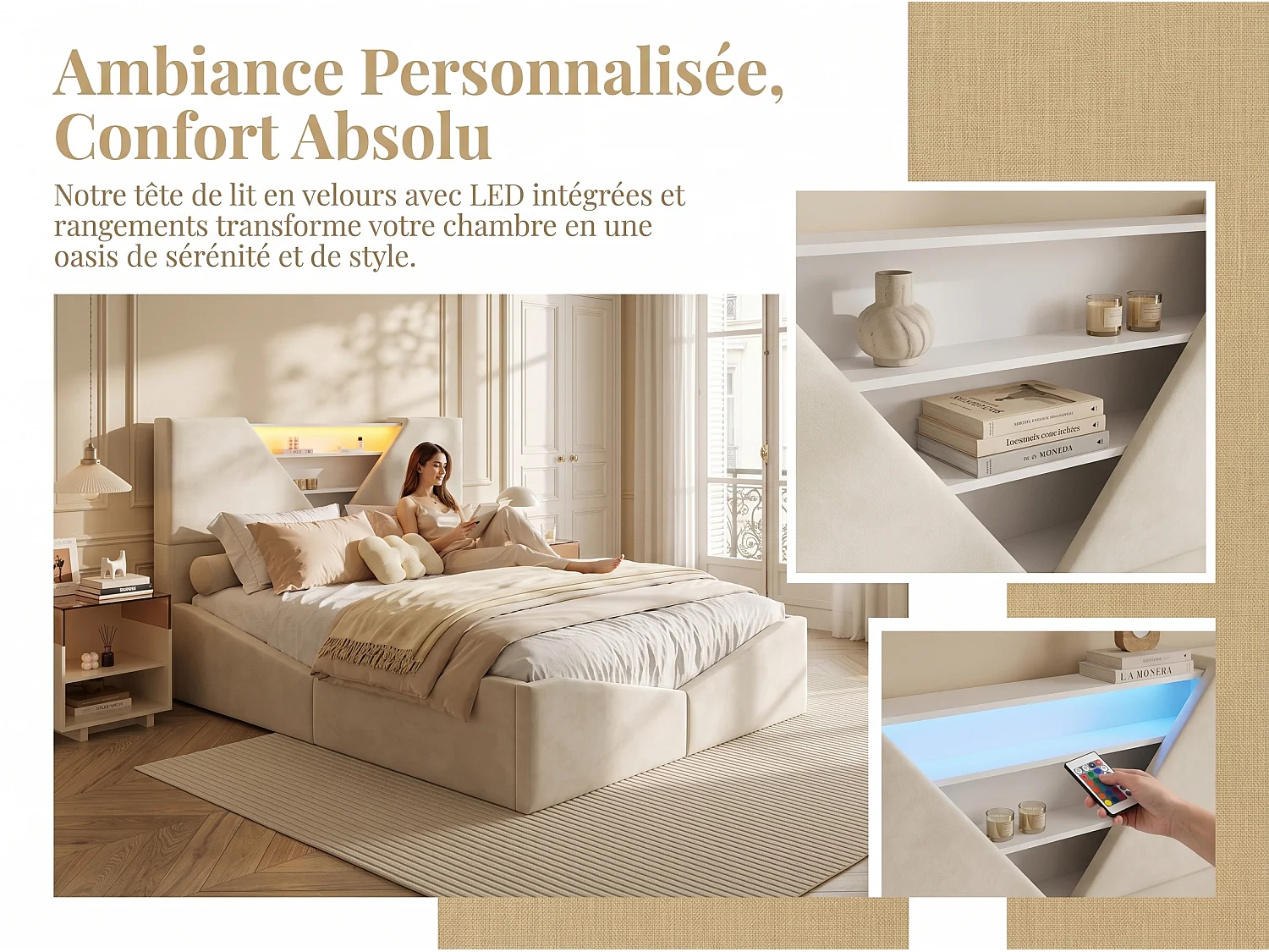 Lit coffre design 140x200 cm avec tête de lit triangulaire - LEDs - Recharge sans fil - Sommier à lattes et espace de rangement