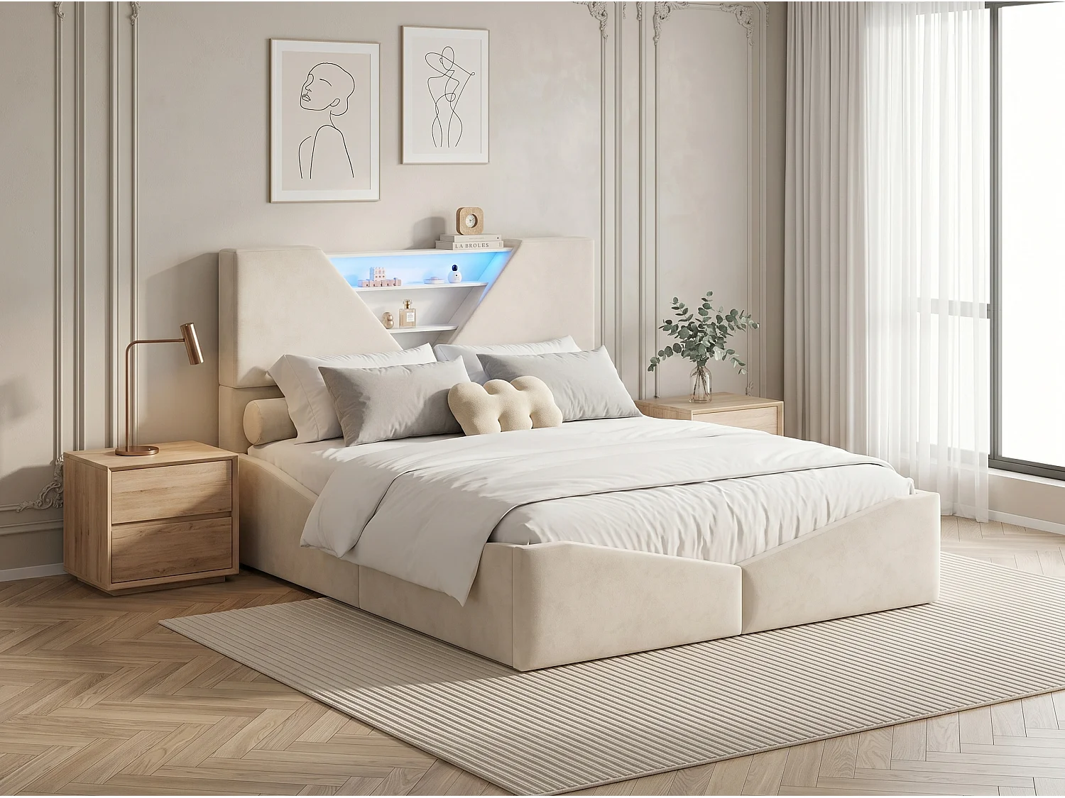 Lit coffre 160x200 cm avec tête de lit triangulaire - LEDs - Recharge sans fil - Sommier à lattes et espace de rangement intégré